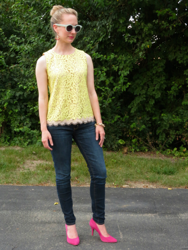 yellow lace, jeggings, pink heels