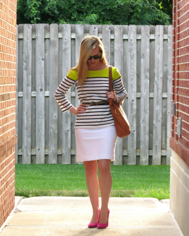 Ann Taylor white pencil skirt, J Crew Factory striped shirt, Sole Society pink suede pumps, Madewell belt