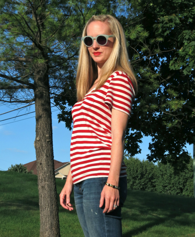 club monaco striped tee, joes jeans, cuffed jeans with ankle boots, h&m fringe boots, madewell hepcat sunglasses