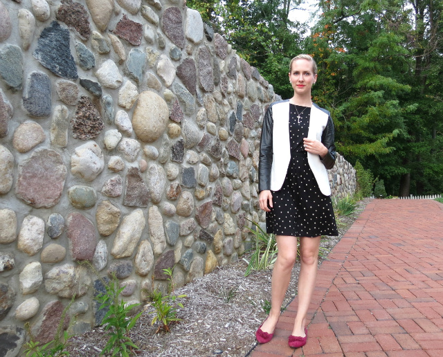 loft polka dot dress, leather sleeve blazer, pink flats, indianapolis fashion blogger, law school style