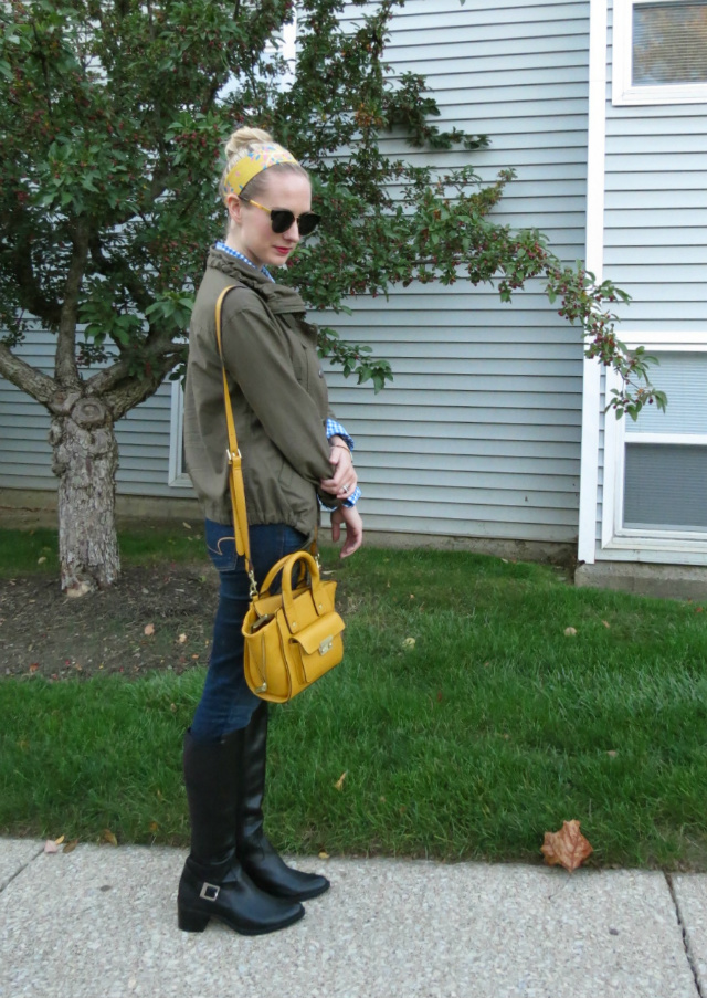 j crew gingham shirt, army jacket, american eagle jeggings, calvin klein boots, phillip lim for target satchel