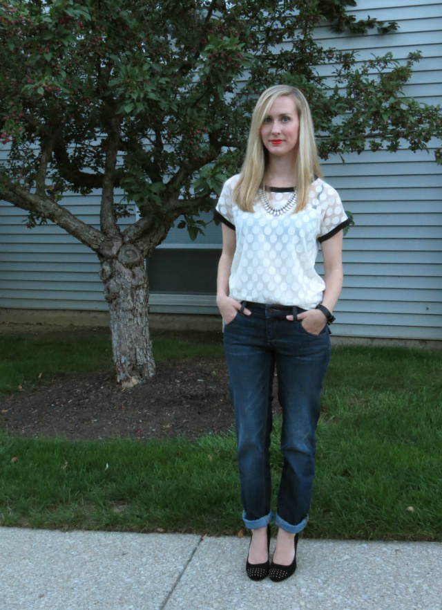 ann taylor polka dot top, ny & co slim slouch jeans, anne klein studded pumps, j crew sunflower necklace