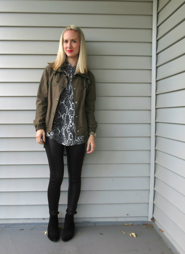army jacket, faux leather leggings, timex weekender, flat ankle boots with leggings, law school style