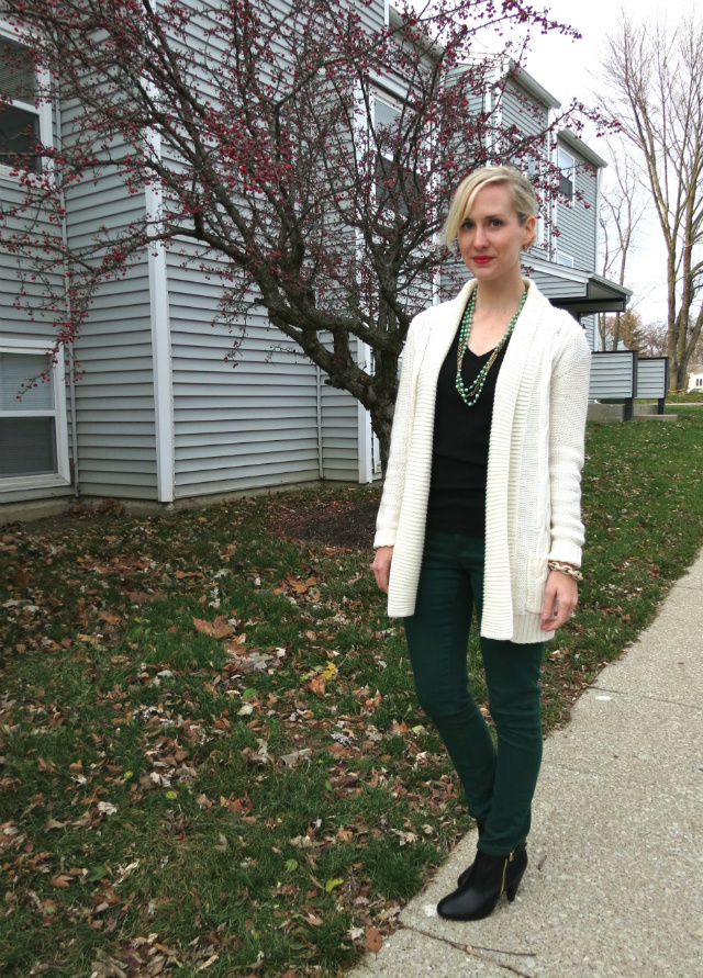 green skinny jeans, target cardigan, j crew necklace, skinny jeans and ankle boots