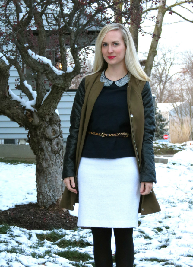 leather sleeve trench, peter pan collar, business casual outfit, law school style, madewell leopard belt, nine west wedges