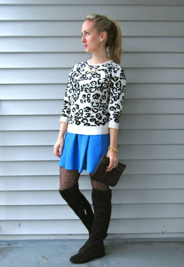 ann taylor leopard sweater, H&M dress, calvin klein over the knee boots, ysl pourpre preview, indianapolis style blogger