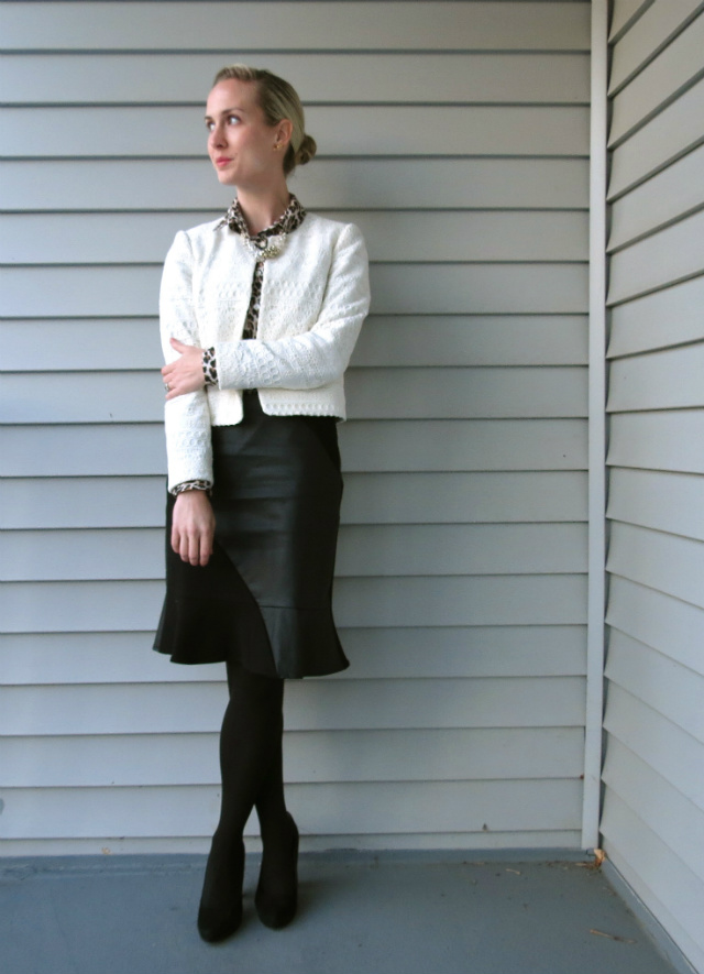 faux leather pencil skirt, leopard button up, h&m blazer, business casual outfit, indianapolis style blog