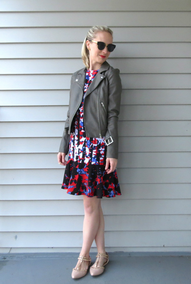 h&m gray leather jacket, peter pilotto target dress, valentino inspired flats