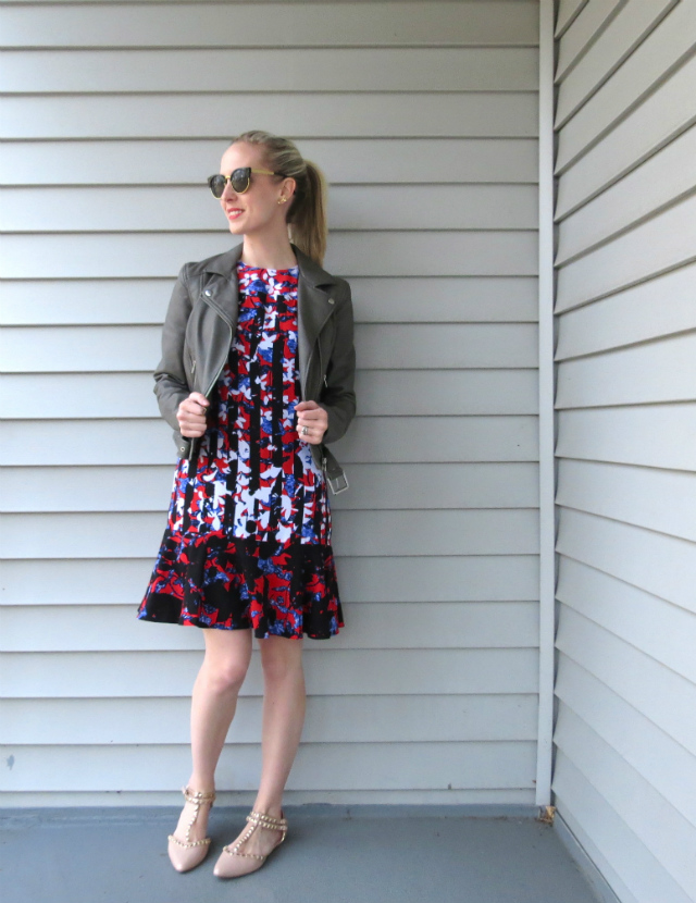 h&m gray leather jacket, peter pilotto target dress, valentino inspired flats