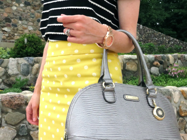 ann taylor polka dot pencil skirt, polka dots with stripes, ann klein silver satchel