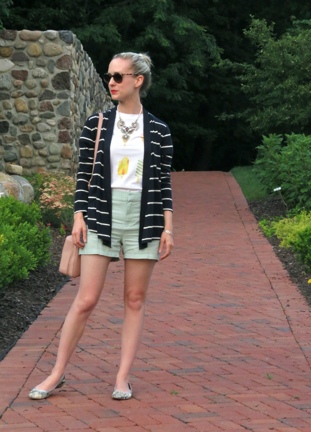 ice cream tee, striped cardigan, mint linen shorts, statement necklace