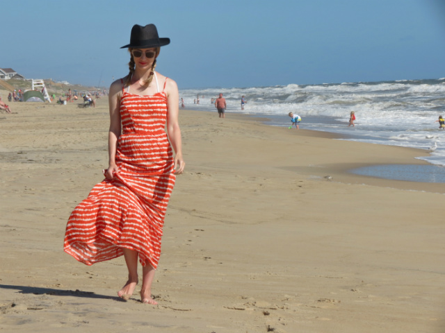 tie dye beach dress, black panama hat, clear sunglasses, outer banks, beach outfit