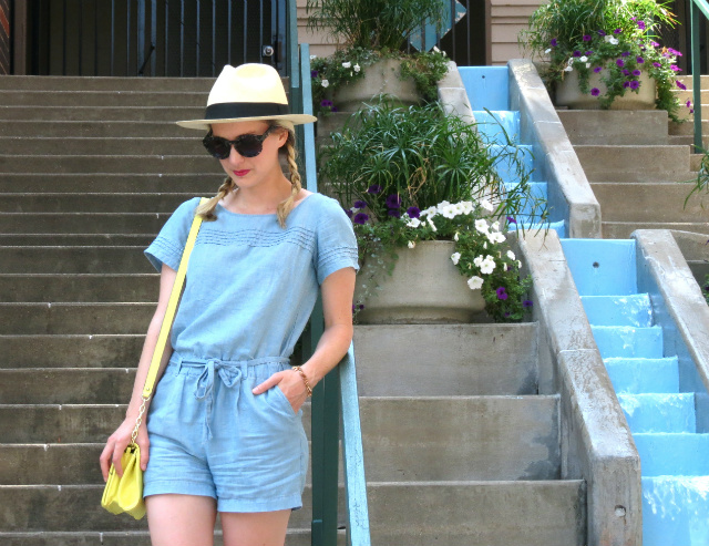 chambray romper, madewell hepcat sunglasses, floral sneakers, indianapolis style blog