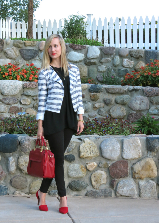 cropped sweater blazer, tunic, ponte pants, red d'orsay pumps