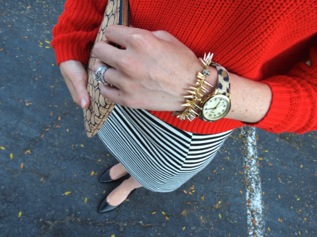 cropped sweater, striped mini skirt, low black wedges, pink ray ban aviators, spike bracelet, leopard watch