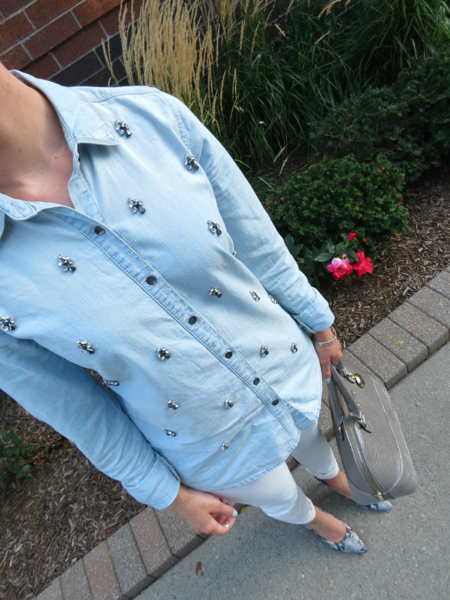 ann taylor white jeans, embellished chambray shirt, snakeskin pumps, silver satchel, fancy ponytail