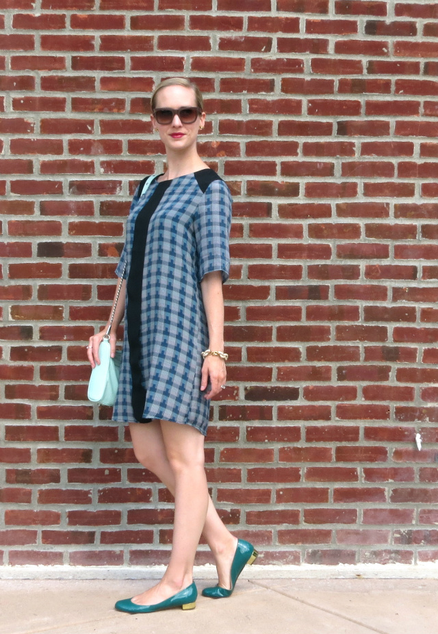 plaid shift dress, mint rebecca minkoff bag, patent flats, see eyewear sunglasses, chunky link bracelet